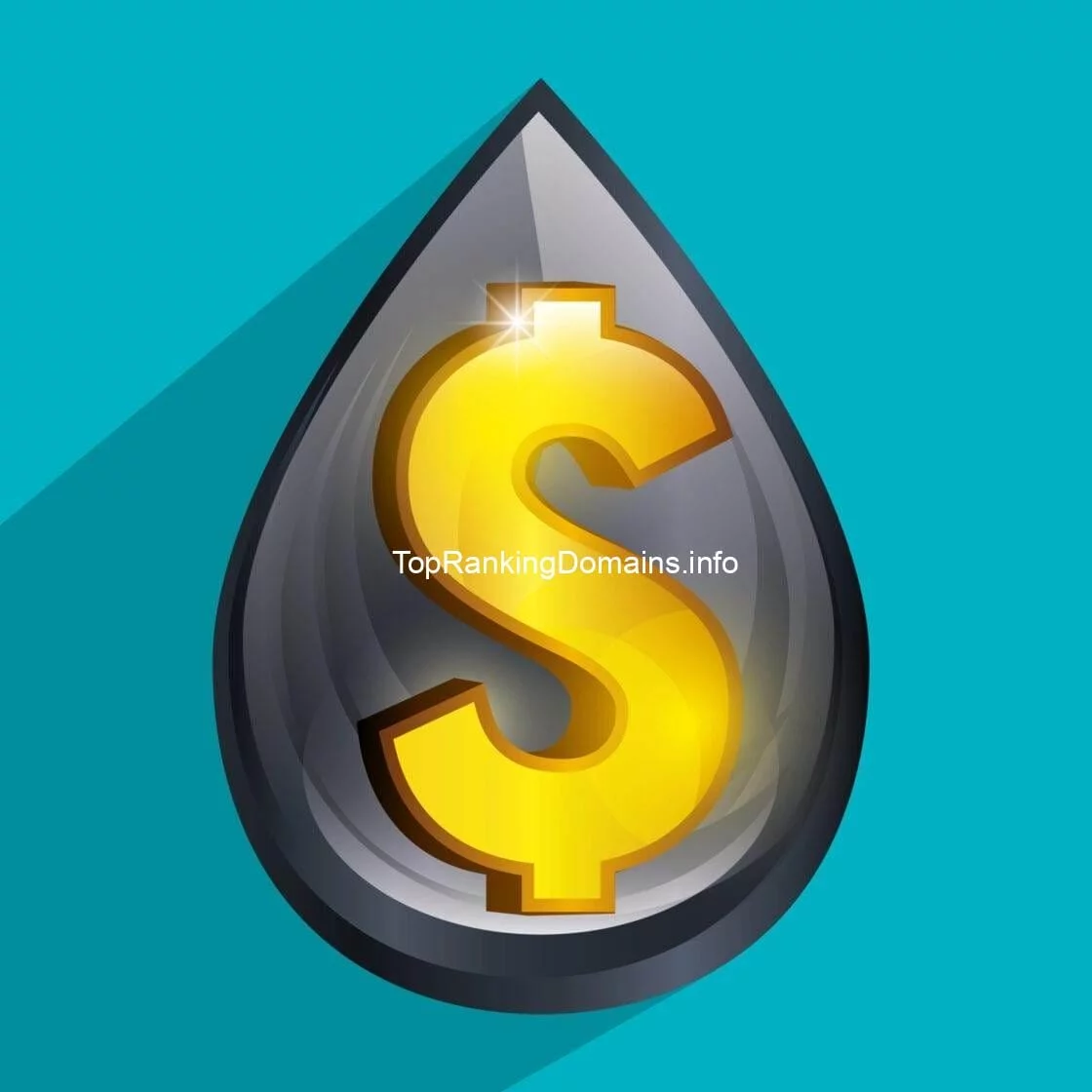 A stylized graphic of a shiny golden dollar sign embedded within a dark drop shape, against a blue angular background, with the text "toprankingdomains.info" displayed.