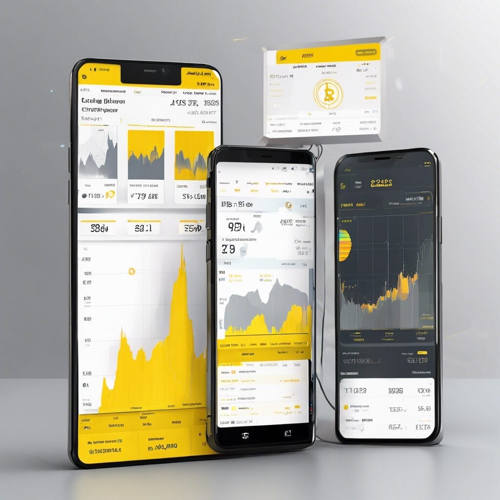 Three smartphones displaying various financial and cryptocurrency trading applications with dynamic graphs and statistics on their screens, exemplifying modern mobile investment and trading platforms.