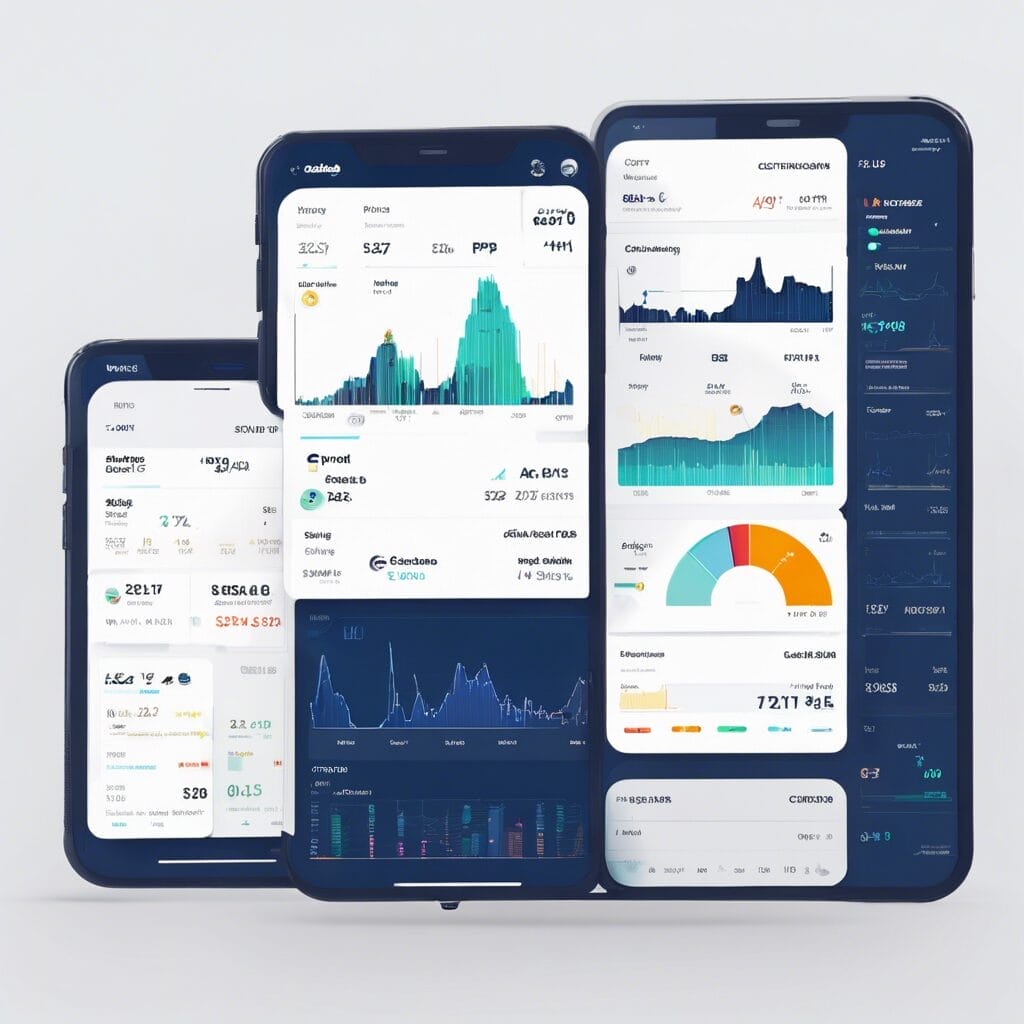 A display of modern financial mobile app interfaces on smartphones showcasing various analytical charts and financial data.