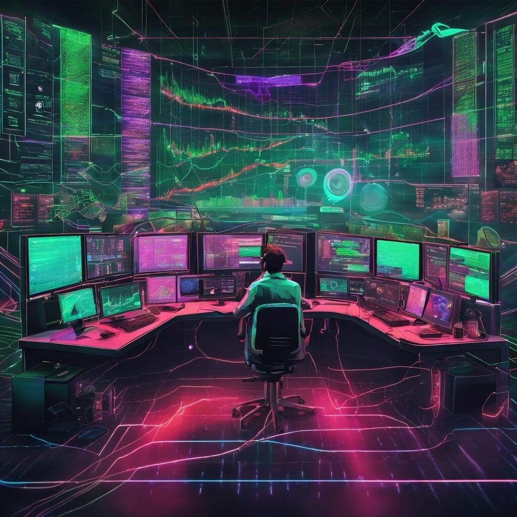 A person sits at the helm of a futuristic cyber command center, surrounded by an array of glowing screens displaying intricate data visualizations and complex interfaces, all bathed in a vivid neon glow.