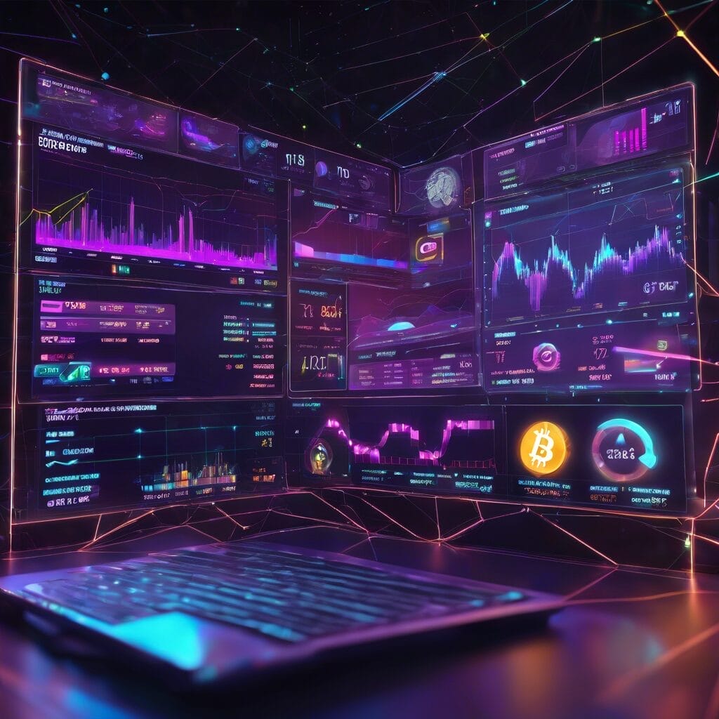 A futuristic workstation with multiple transparent holographic screens displaying various digital data, graphs, and cryptocurrency information in a neon-lit cyber interface.