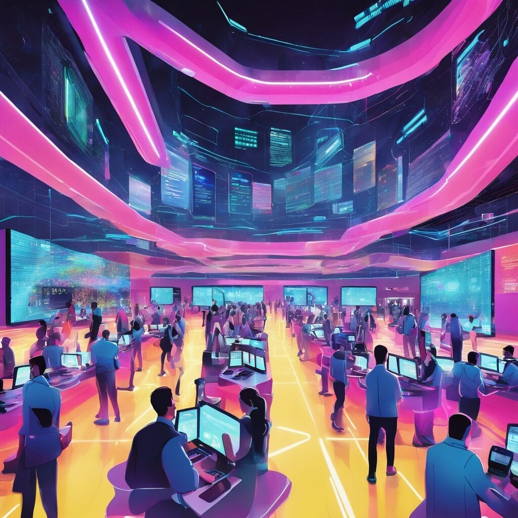A futuristic command center bustling with activity, illuminated by vibrant neon lights and advanced digital displays.