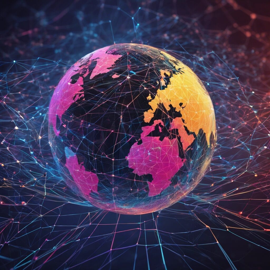 A vibrant digital representation of the earth with interconnected nodes and lines, symbolizing a global network of communication and data exchange.
