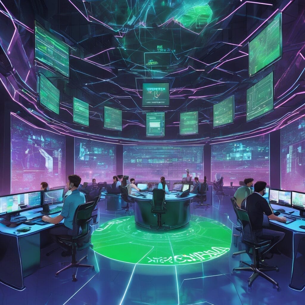 A team of professionals working in a futuristic command center with multiple holographic displays and advanced computer workstations.