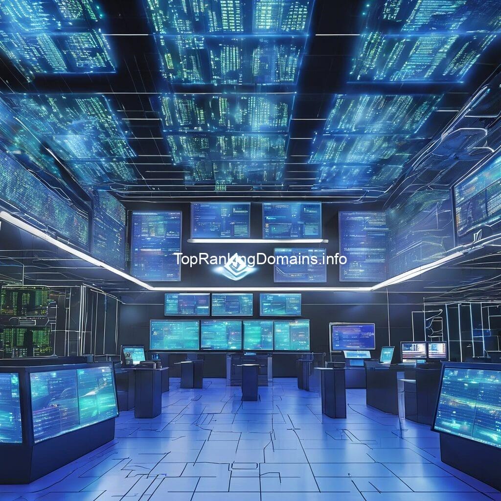 Futuristic control room with multiple screens displaying complex data and neon-blue light accents.