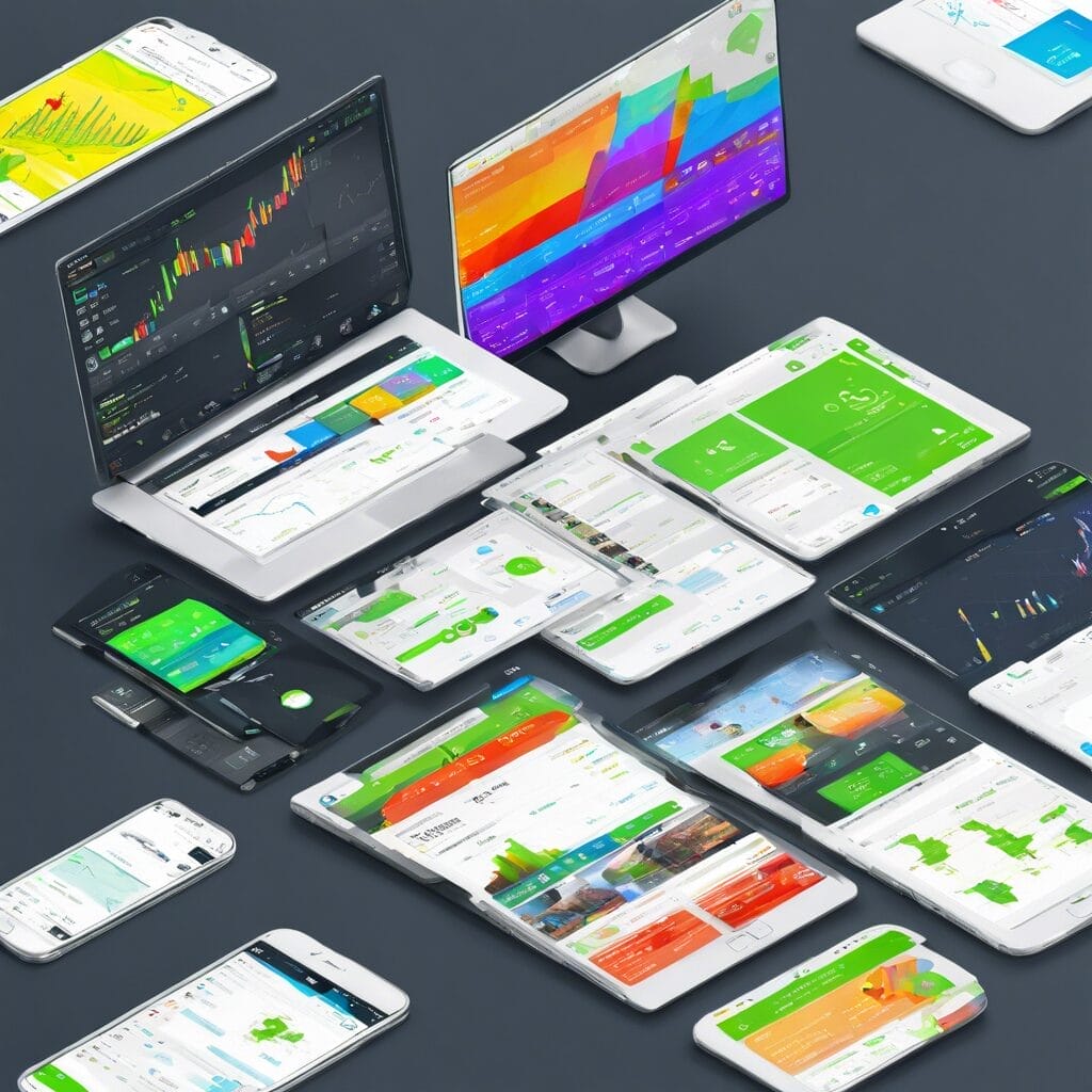 A collection of various digital devices including smartphones, tablets, and computers displayed in a scattered arrangement, each screen showcasing colorful graphs and data analytics visualizations.