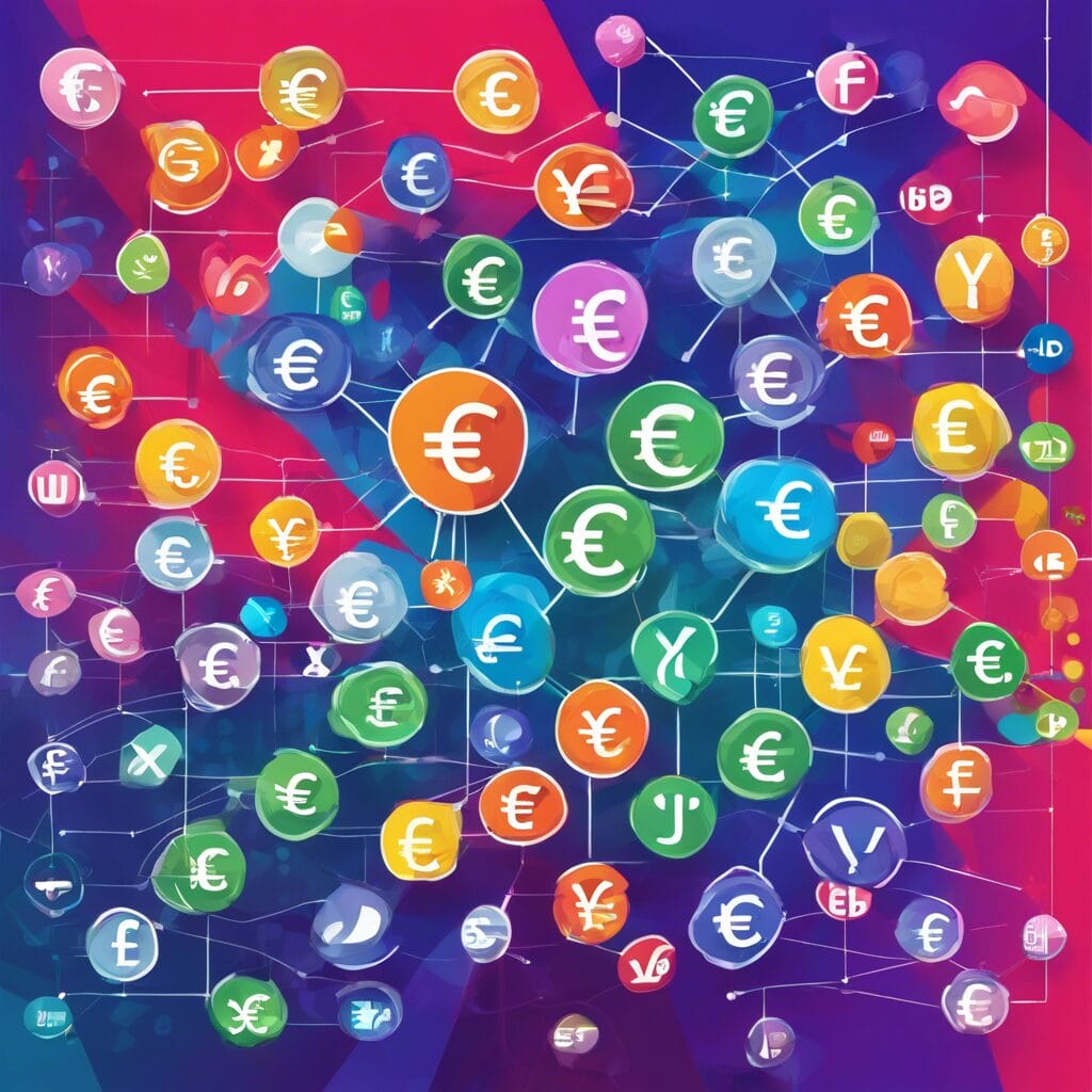 A vibrant and colorful abstract representation of various international currency symbols floating in a network-like pattern, suggesting the interconnectedness and dynamic nature of the global financial system.