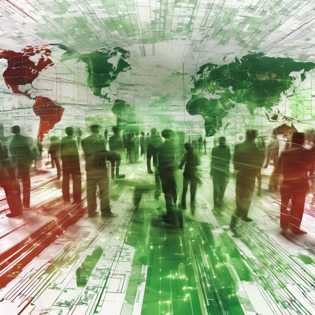 Silhouettes of people walking across a digitally rendered world map with a dynamic data stream floor, symbolizing global connectivity and information exchange.