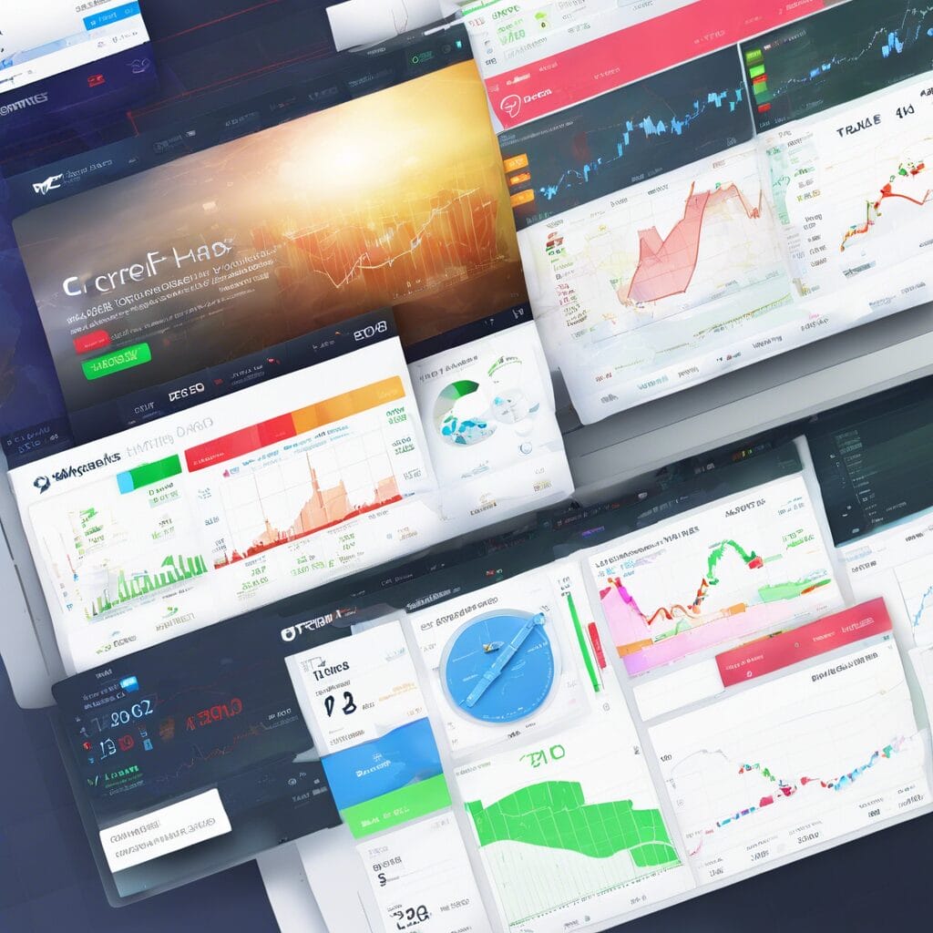 A collage showcasing a variety of data visualization dashboards with graphs, charts, and analytics metrics.