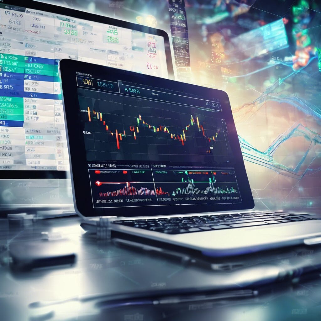 A laptop displaying complex financial charts indicating stock market activity, symbolizing advanced trading and investment analysis in a dynamic economic environment.