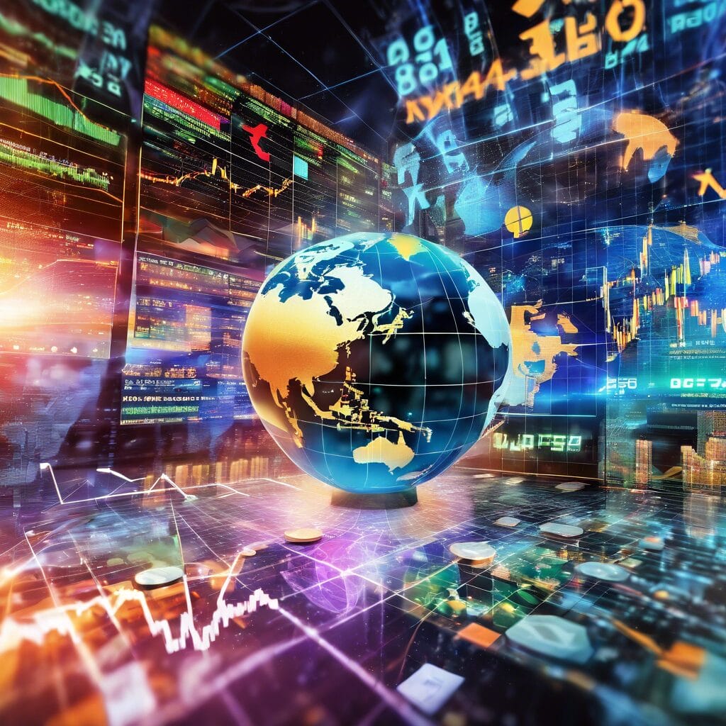 A vibrant digital collage depicting a futuristic concept of global finance with a 3d globe surrounded by various financial and data-driven graphical elements, symbolizing the complex and interconnected nature of the world economy.