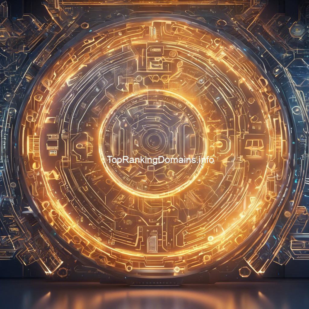 A futuristic circular glowing portal with intricate golden circuit designs featuring Bulletproof Crypto Security, with the text "toprankingdomains.info" at the center. The background is dark with hints of blue light.