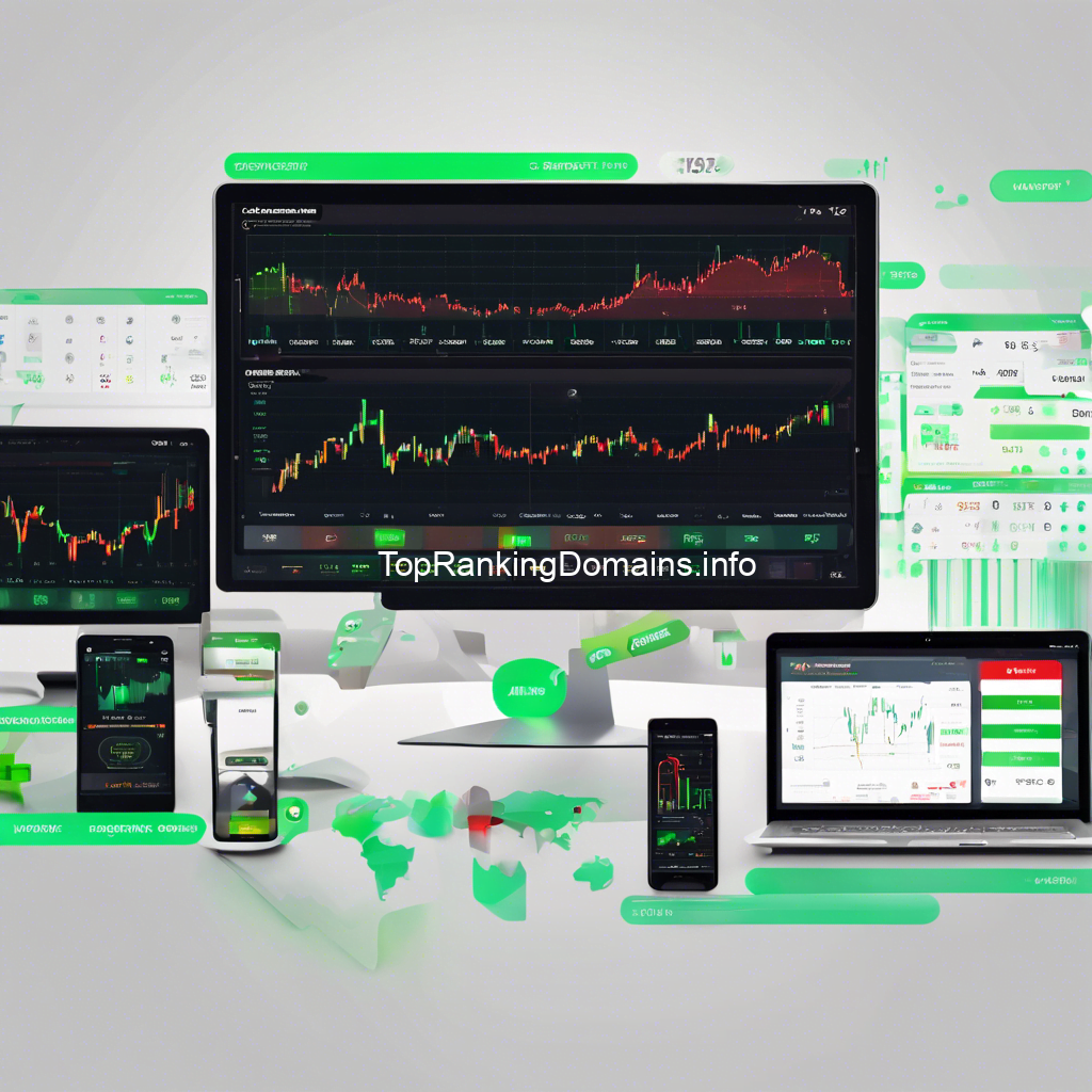 Graphic design of various digital devices displaying cryptocurrency market visuals and data analytics, set against a green and white background with abstract elements.